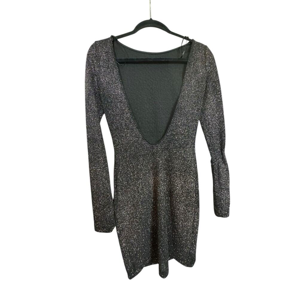 Lovely Day Black Glitter Dress Bodycon V Shaped Open Back Size Small